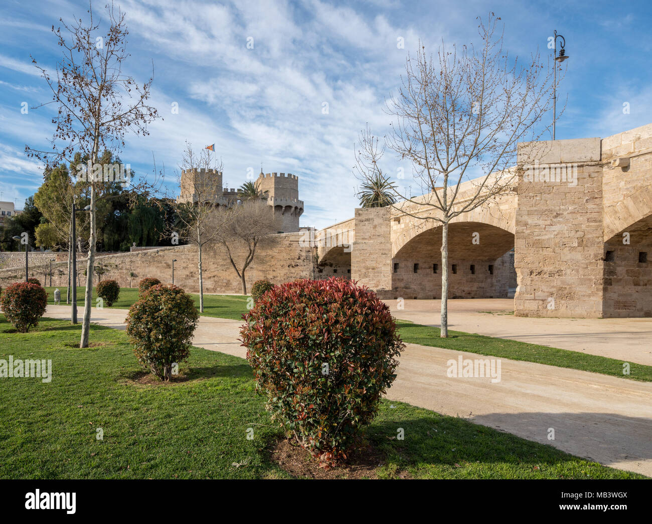 Dry riverbed in ancient city of Valencia Spain Stock Photo