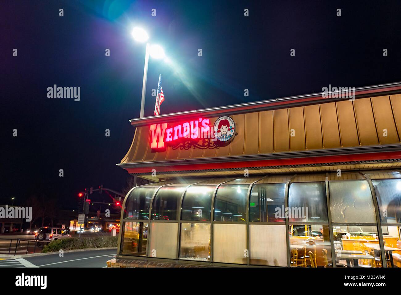 Night view of Wendy's fast food restaurant chain location in Dublin