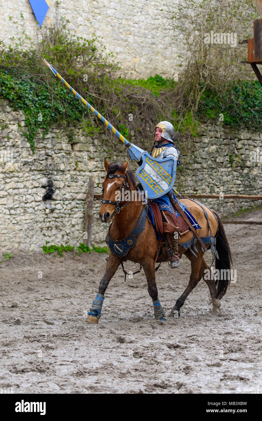 PROVINS, FRANCE - MARCH 31, 2018: Unidentified knight with a spear on a ...