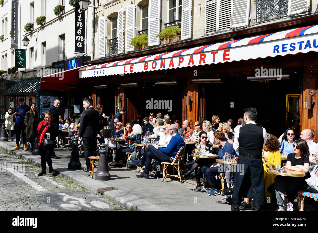 Café in Saint-Germain des Prés - Spring in Paris - France Stock Photo