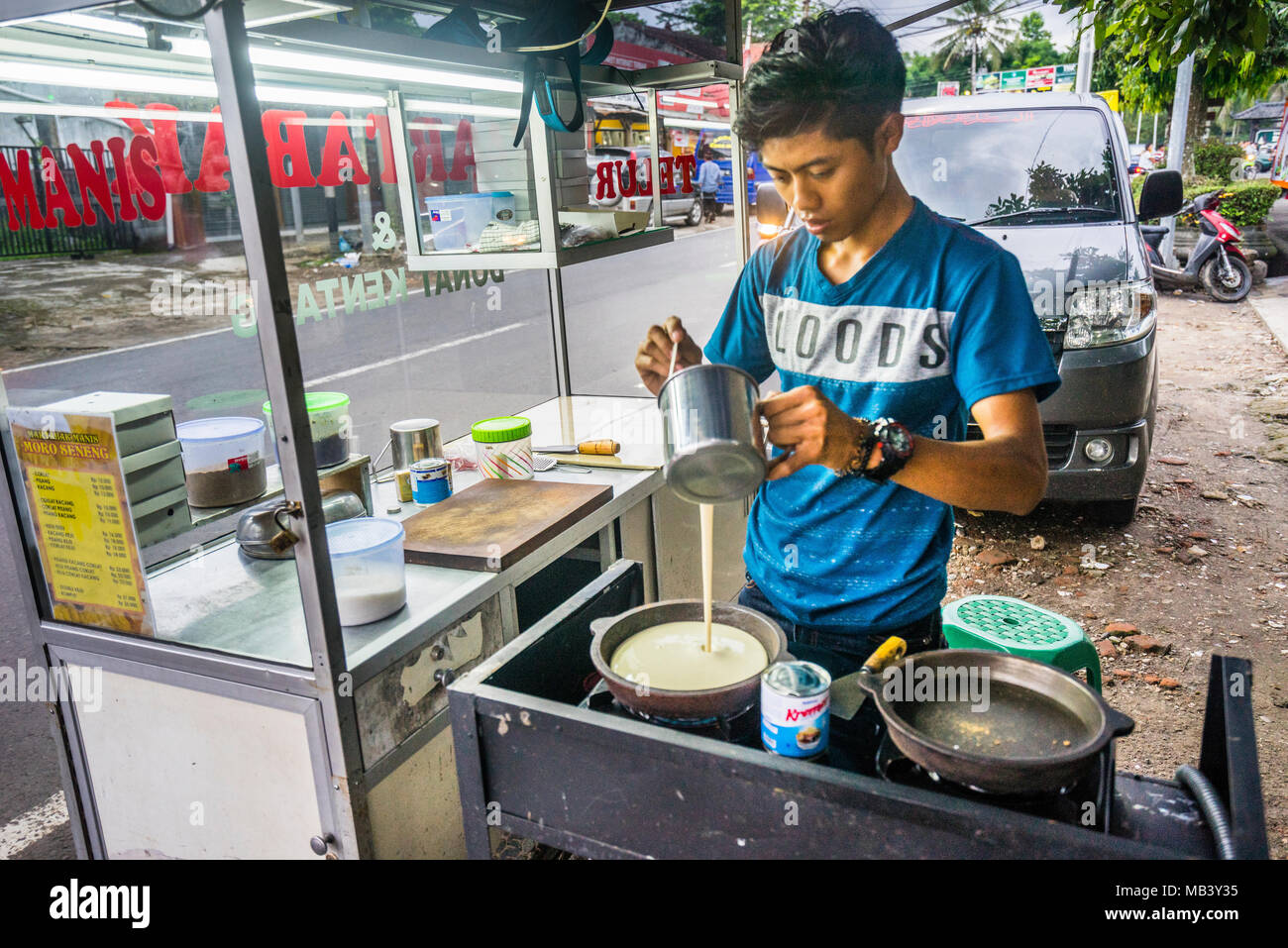 Martabak vendor selling sweet folded pancakes in Borobudur, Central Java, Indonesia Stock Photo