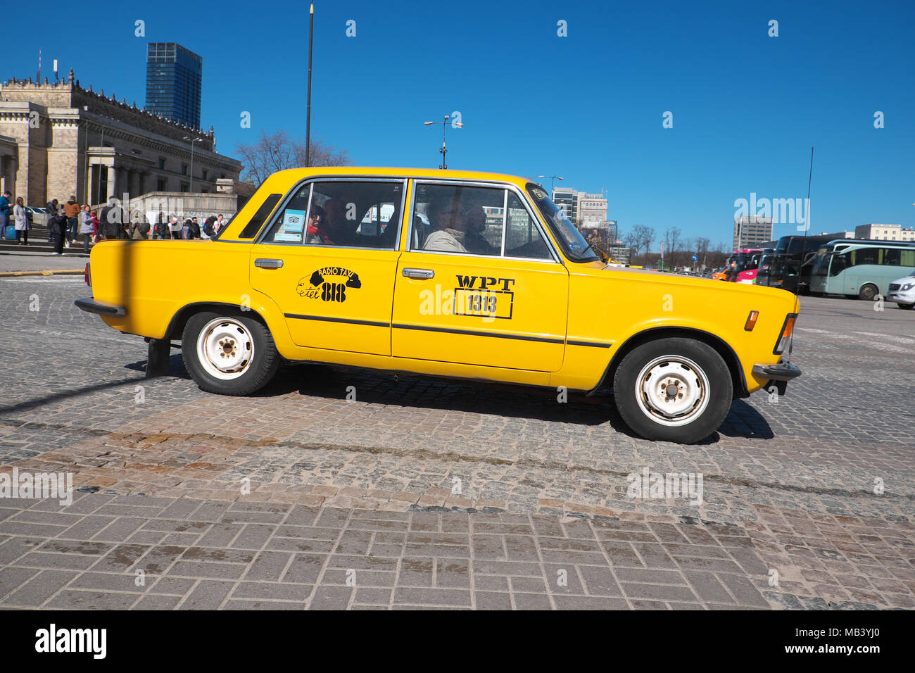 Warsaw Poland vintage Fiat 125P car from the 1980s being used as part of a tour guide in 2018 Stock Photo