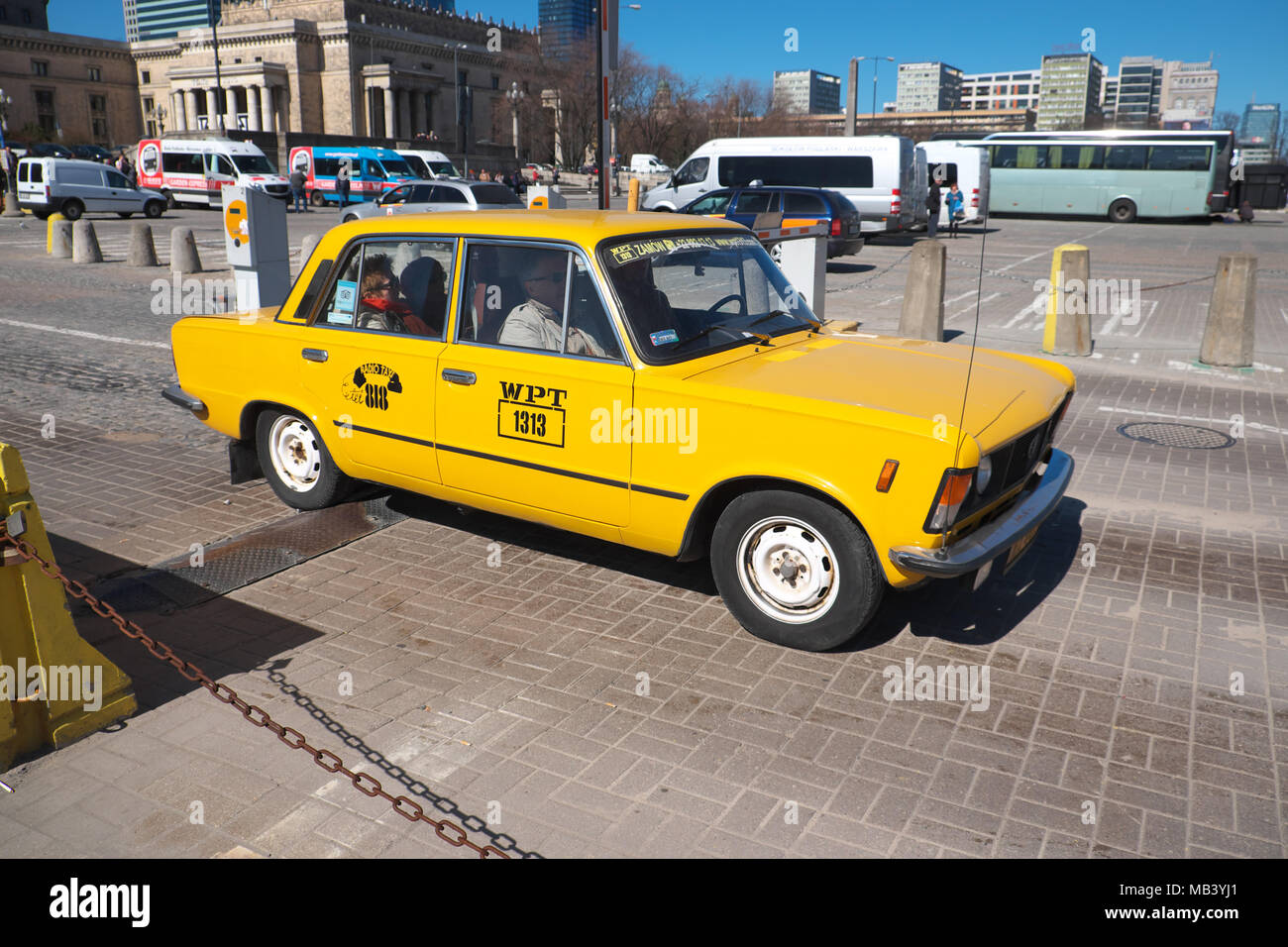 Warsaw Poland vintage Fiat 125P car from the 1980s being used as part of a tour guide in 2018 Stock Photo