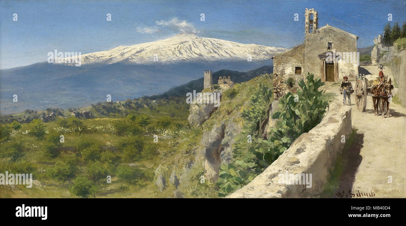 Schuch Werner Wilhelm Gustav - Scene from Taormina with a View of Mount Etna Stock Photo