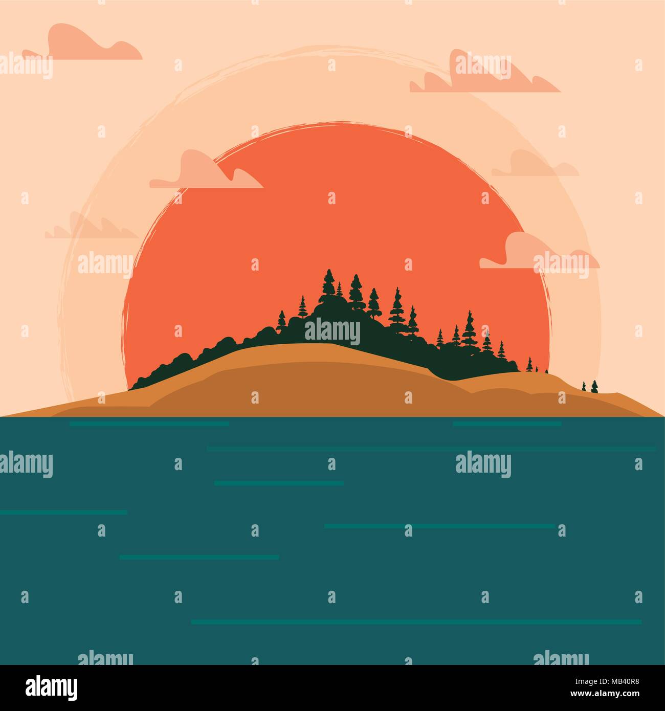 sunset landscape with lake and mountains, colorful design. vector ...