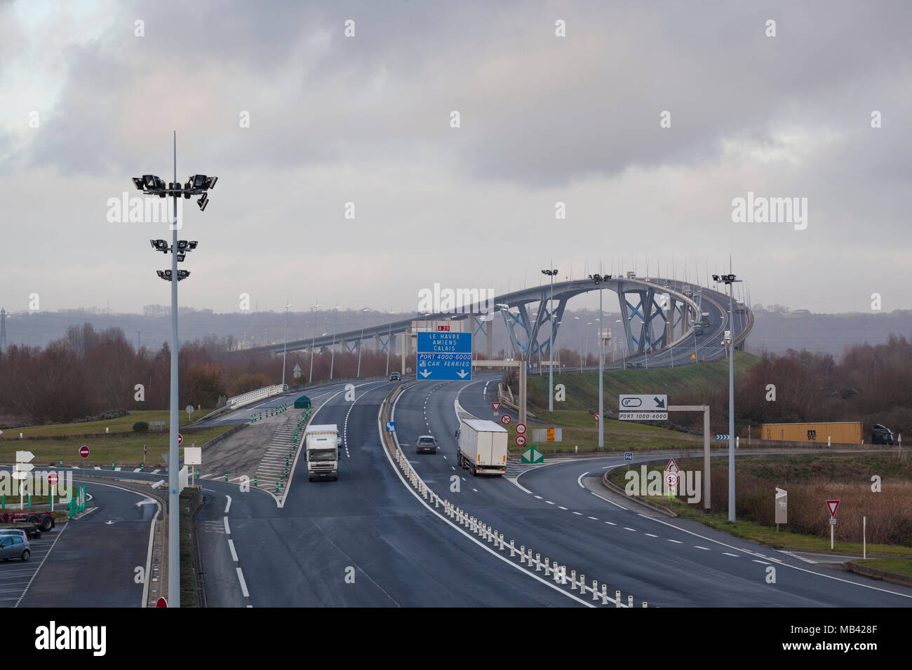 Traffic passing bridge Pont de Normandie  in France Stock Photo