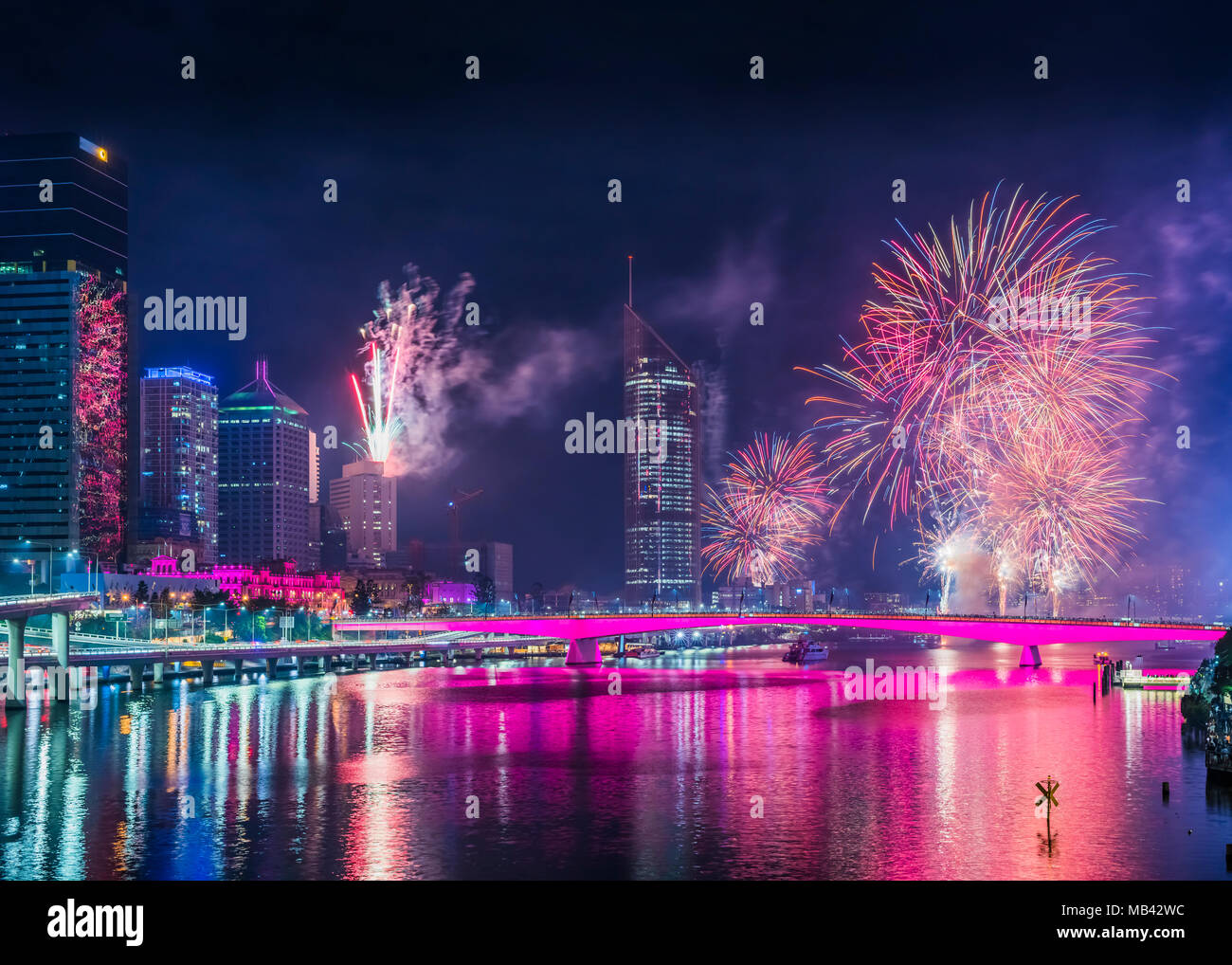 Fireworks over South Bank during Brisbane's 2017 Riverfire celebrations Stock Photo