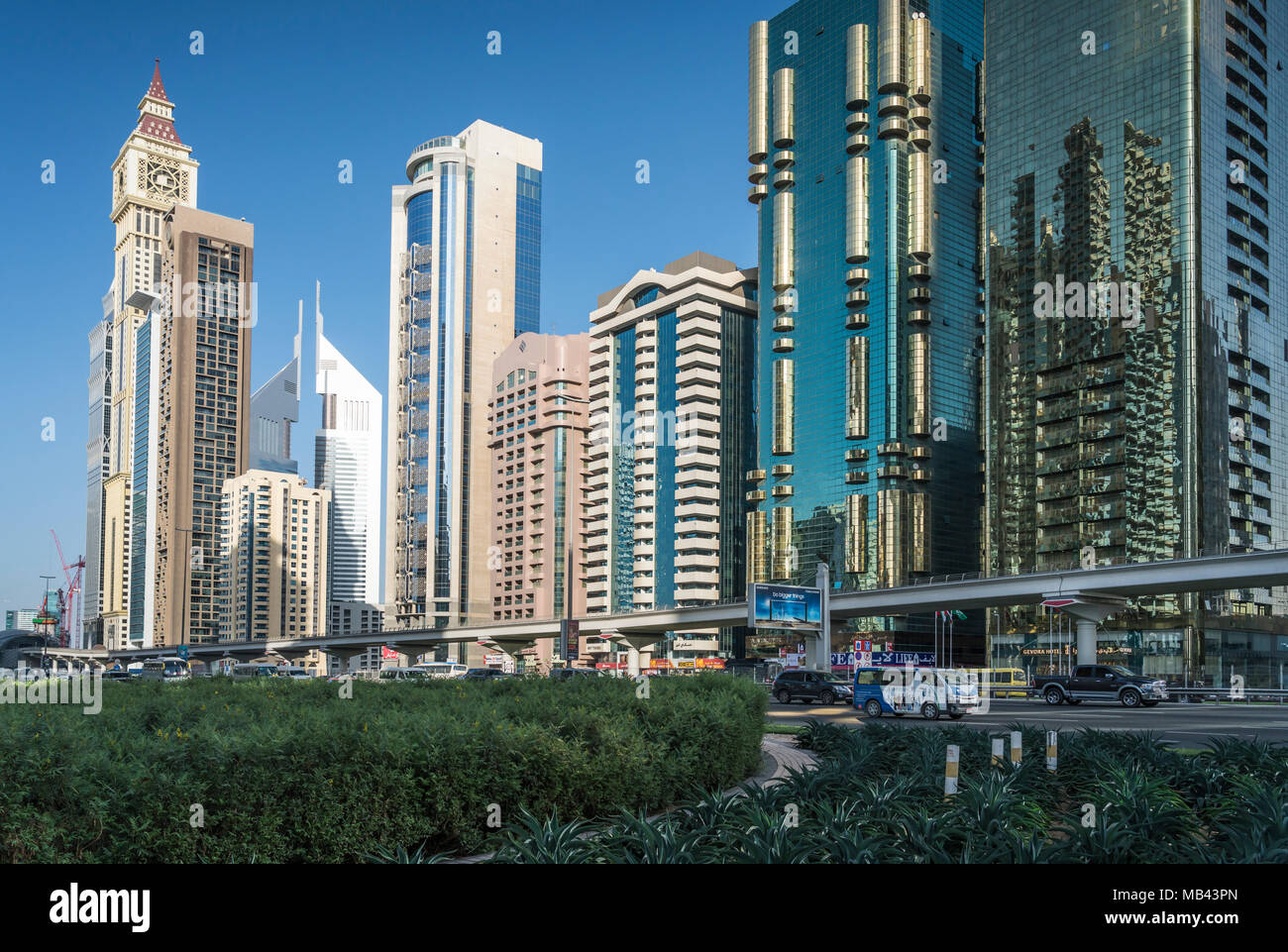 Tall office towers in the Financial district of downtown Dubai, UAE, Middle East. Stock Photo