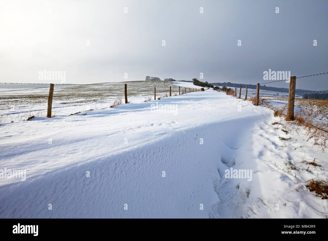 Snowdrifts on the track to Hadden Hill near Great Wishford in Wiltshire. Stock Photo