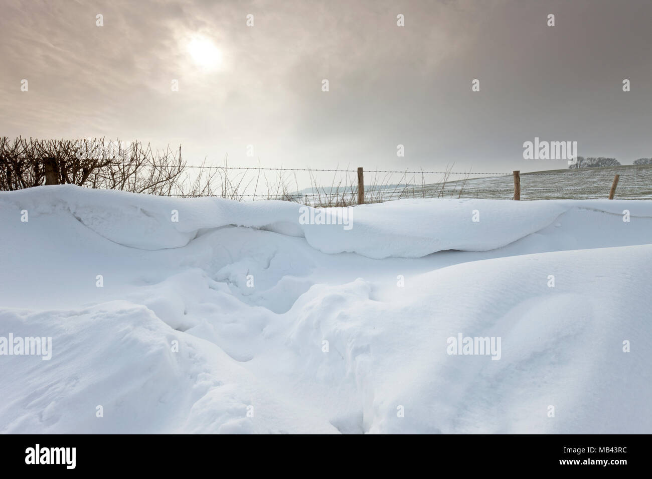 Snowdrifts on the track to Hadden Hill near Great Wishford in Wiltshire. Stock Photo