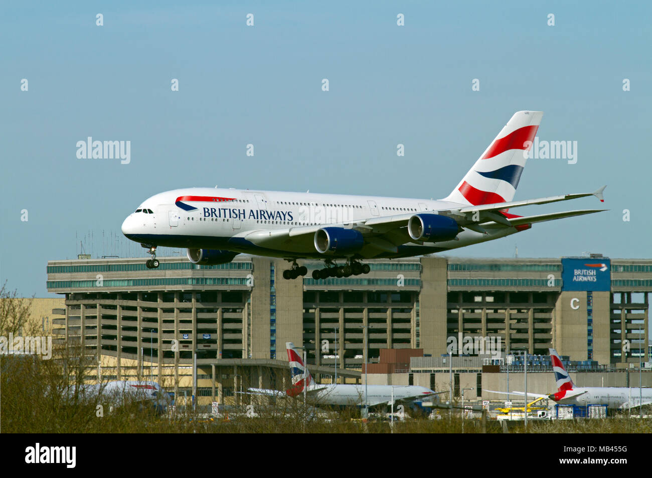 G-XLEC British Airways Airbus A380-841 landing at London Heathrow airport. 5th April 2018. Stock Photo