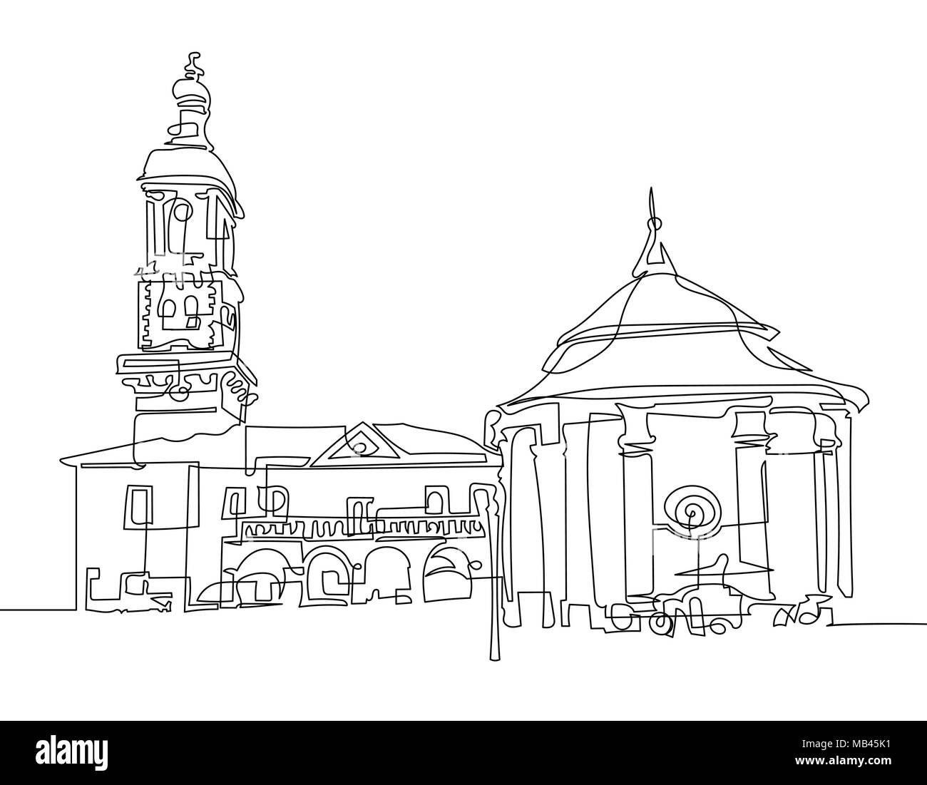 continuous one line drawing of Town Hall and ancient well  Stock Vector