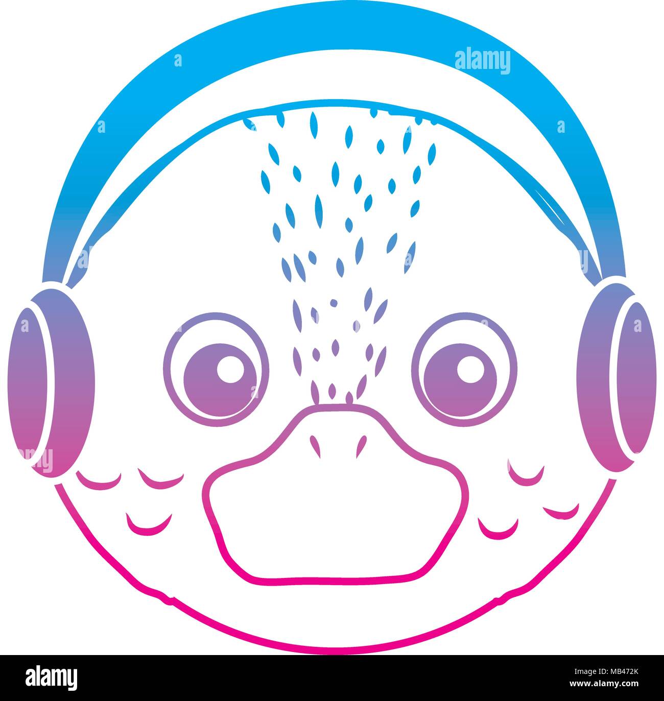 degraded line cute baby duck head animal with headphones Stock Vector