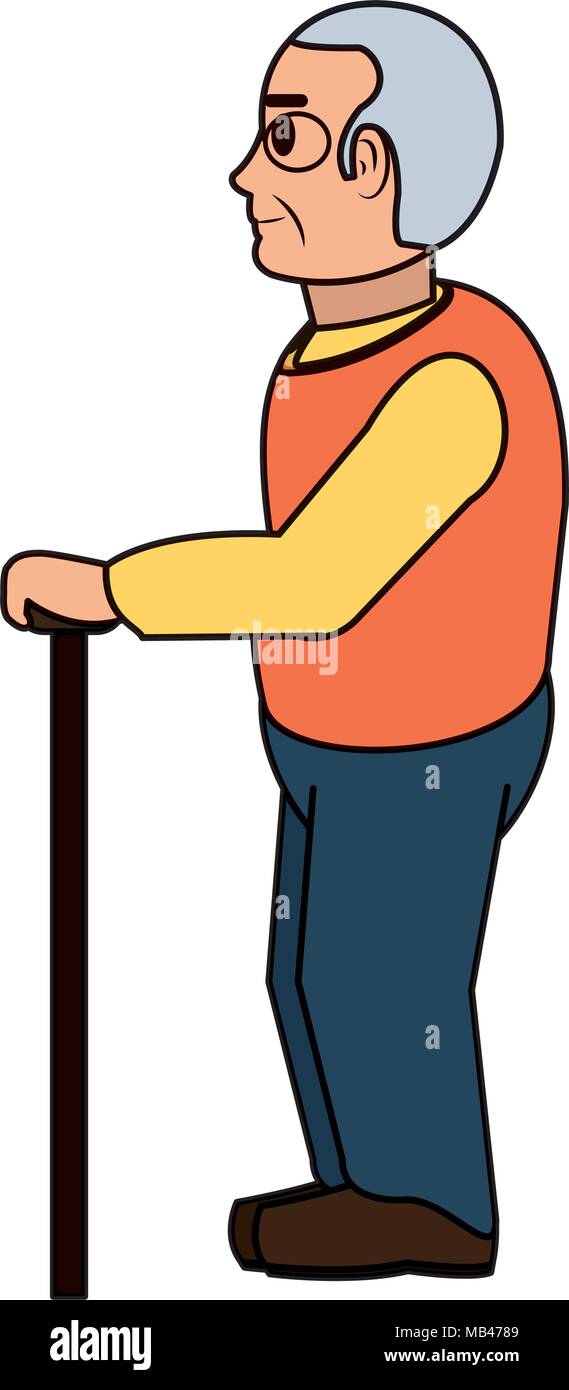line color old man on side with glasses and walking stick Stock Vector ...