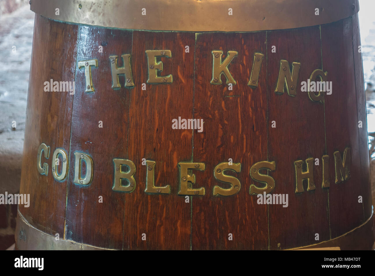 England, Hampshire, Portsmouth, Southsea castle, Naval rum cask, with caption 'The king god bless him' Stock Photo