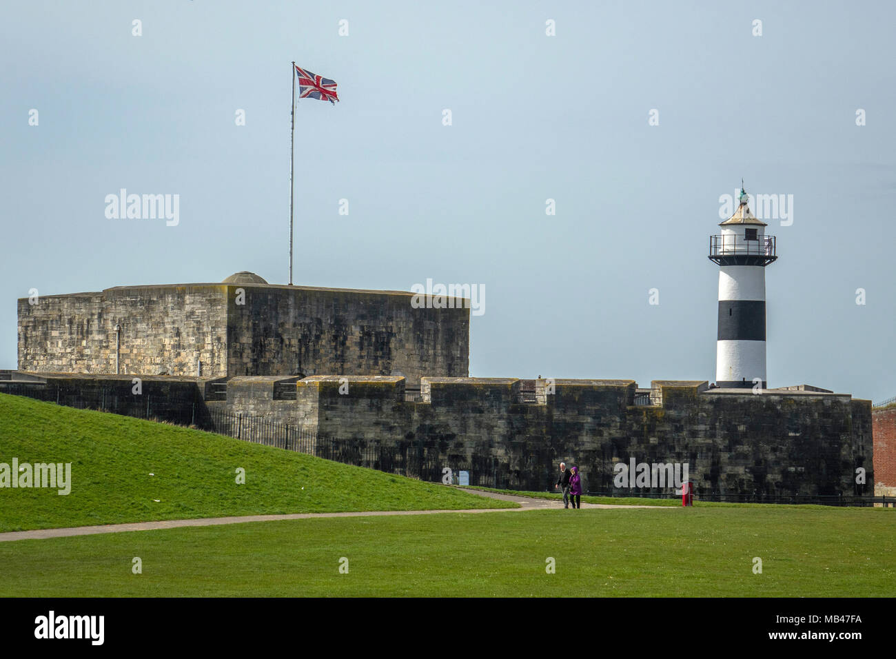 England, Hampshire, Portsmouth, Southsea castle, lighthouse & ramparts Stock Photo