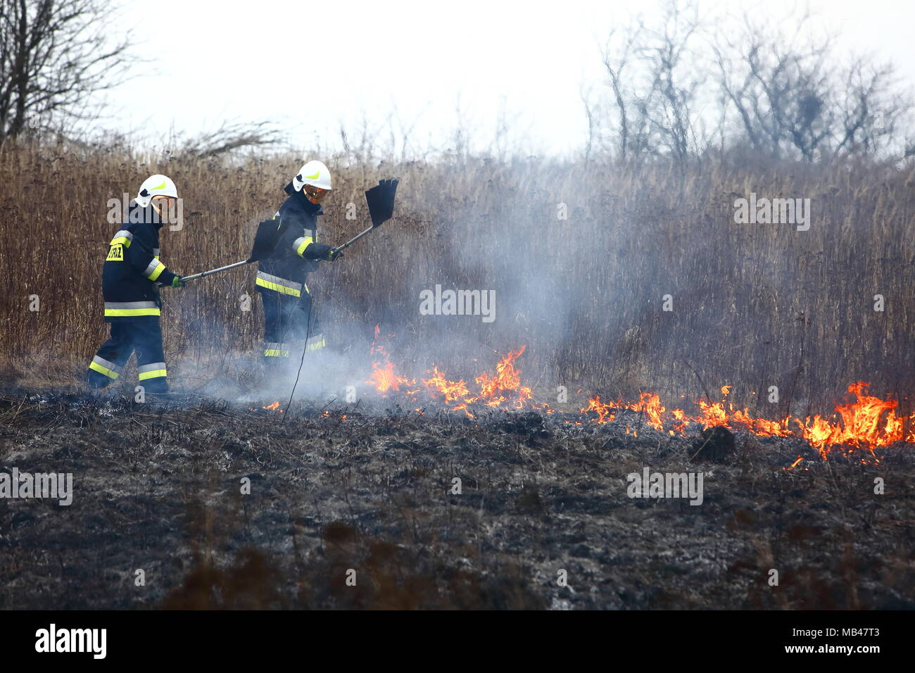 Guard during fire fighting on dry meadows Stock Photo - Alamy