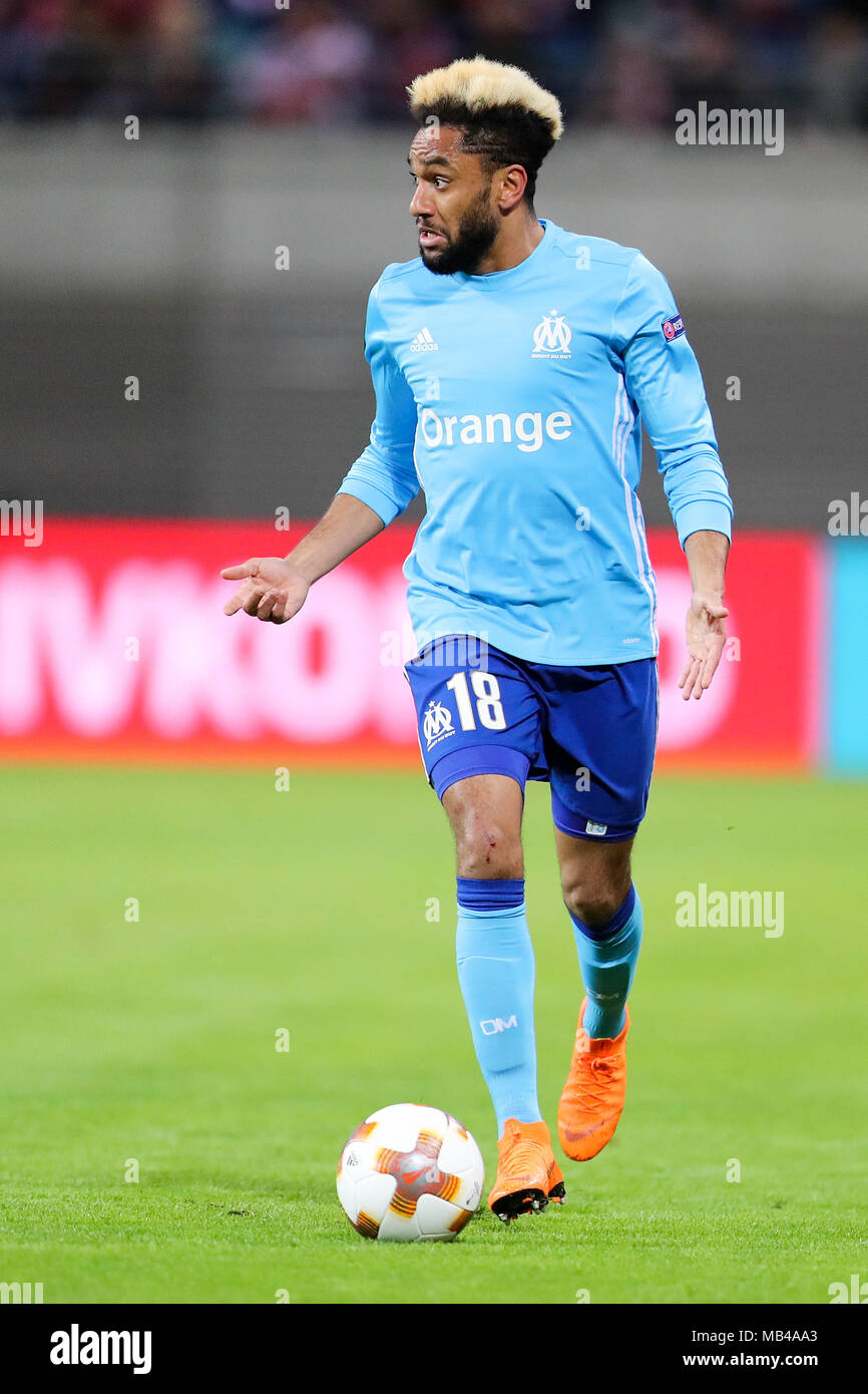 05 April 2018, Germany, Leipzig, Soccer, Europe League, Quarterfinals, RB Leipzig vs. Olympique Marseille at the Red Bull Arena: Marseille's player Jordan Amavi. Photo: Jan Woitas/dpa-Zentralbild/dpa Stock Photo