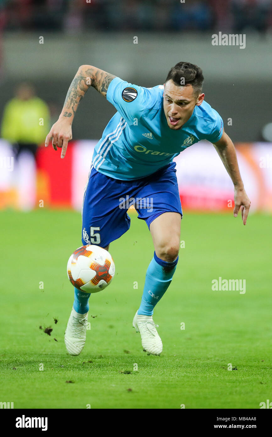 05 April 2018, Germany, Leipzig, Soccer, Europe League, Quarterfinals, RB Leipzig vs. Olympique Marseille at the Red Bull Arena: Marseille's player Lucas Ocampos. Photo: Jan Woitas/dpa-Zentralbild/dpa Stock Photo