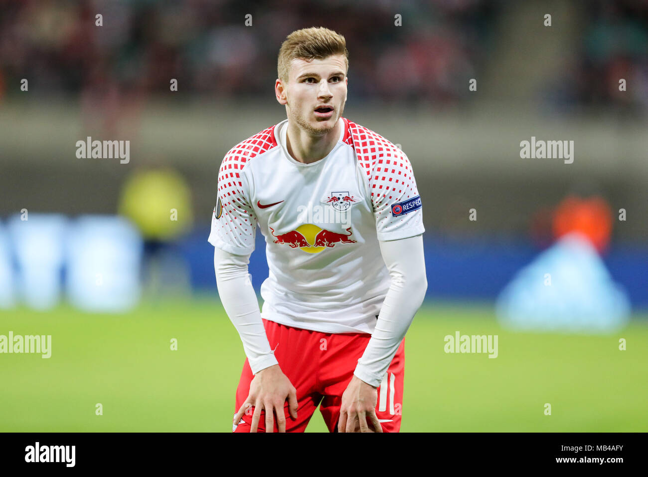 05 April 2018, Germany, Leipzig, Soccer, Europe League, Quarterfinals, RB Leipzig vs. Olympique Marseille at the Red Bull Arena: Leipzig's player Timo Werner. Photo: Jan Woitas/dpa-Zentralbild/dpa Stock Photo