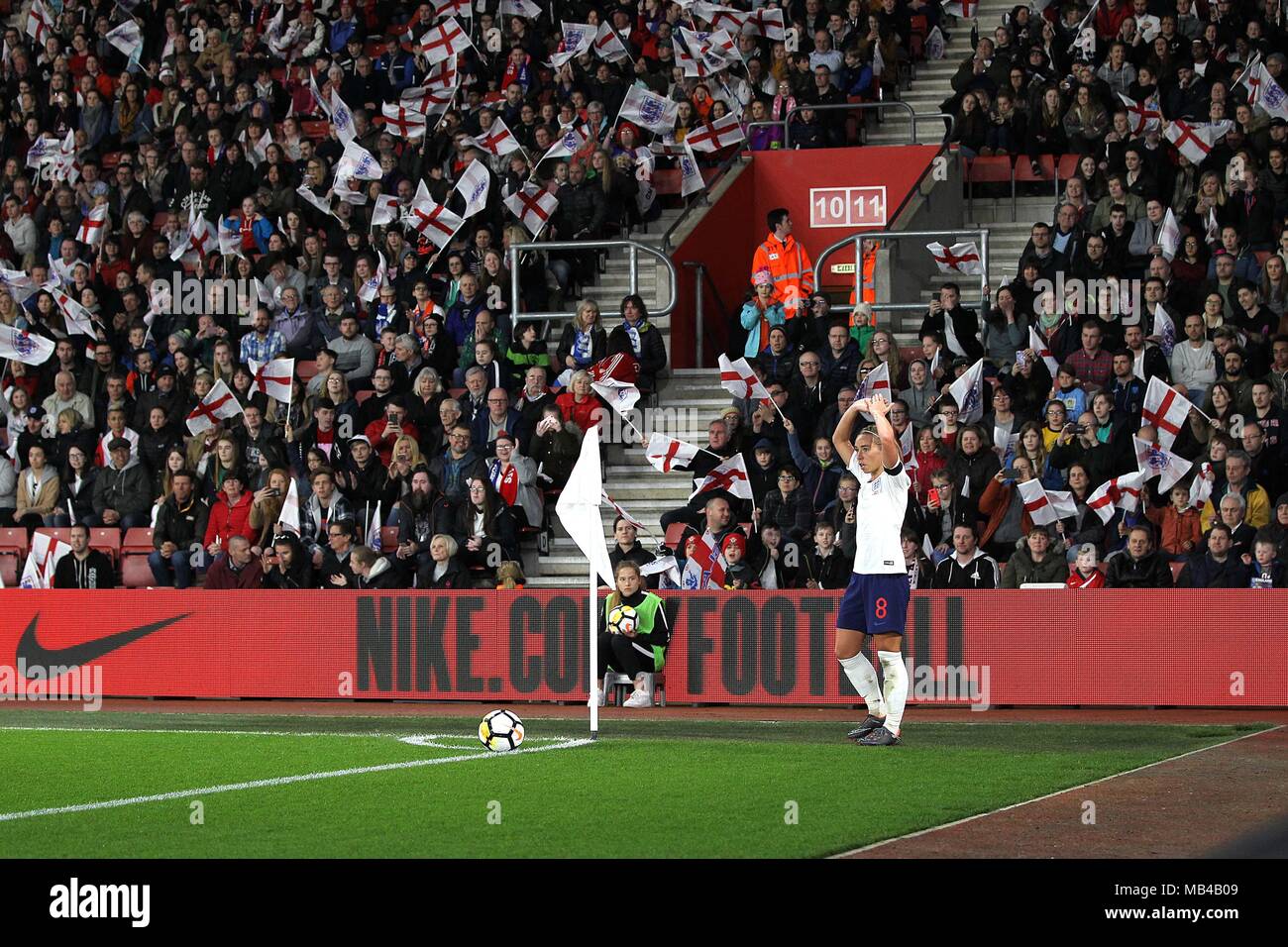 Southampton, UK. 6th Apr, 2018. Jordan Nobbs of England during the FIFA World Cup 2019 Qualifying Group 1 match between England Women and Wales Women at St Mary's Stadium on April 6th 2018 in Southampton, England. (Photo by Matt Bradshaw/phcimages.com) Credit: PHC Images/Alamy Live News Stock Photo