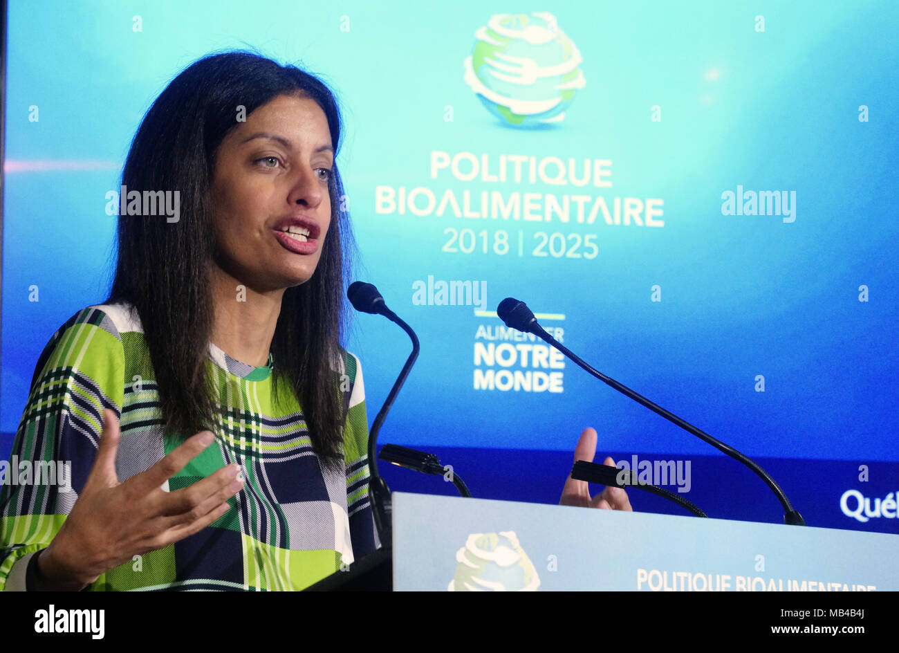 Perrot,Canada. 6th April, 2018. Quebec minister for the Economy Dominque Anglade outlining her party's agricultural plan.Credit:Mario Beauregard/Alamy Live News Stock Photo