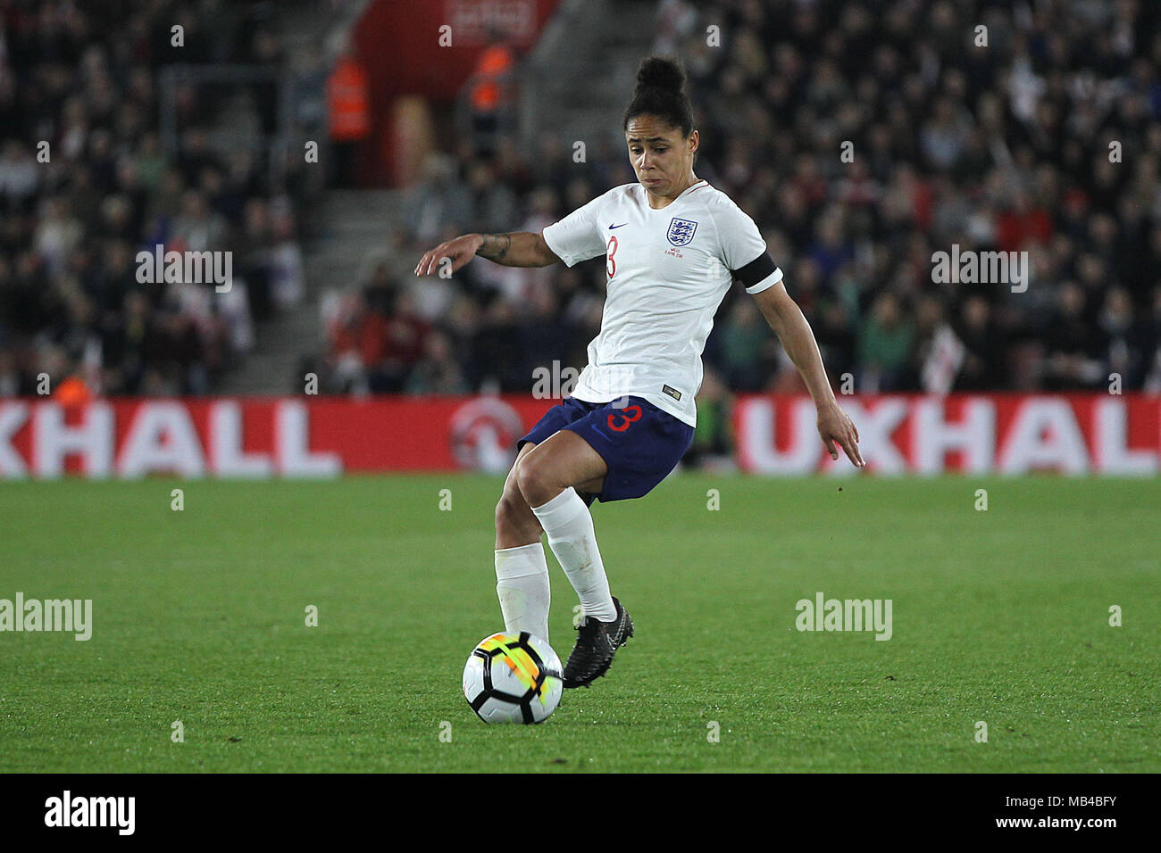 Southampton, UK. 6th Apr, 2018. Demi Stokes of England during the FIFA World Cup 2019 Qualifying Group 1 match between England Women and Wales Women at St Mary's Stadium on April 6th 2018 in Southampton, England. (Photo by Matt Bradshaw/phcimages.com) Credit: PHC Images/Alamy Live News Stock Photo