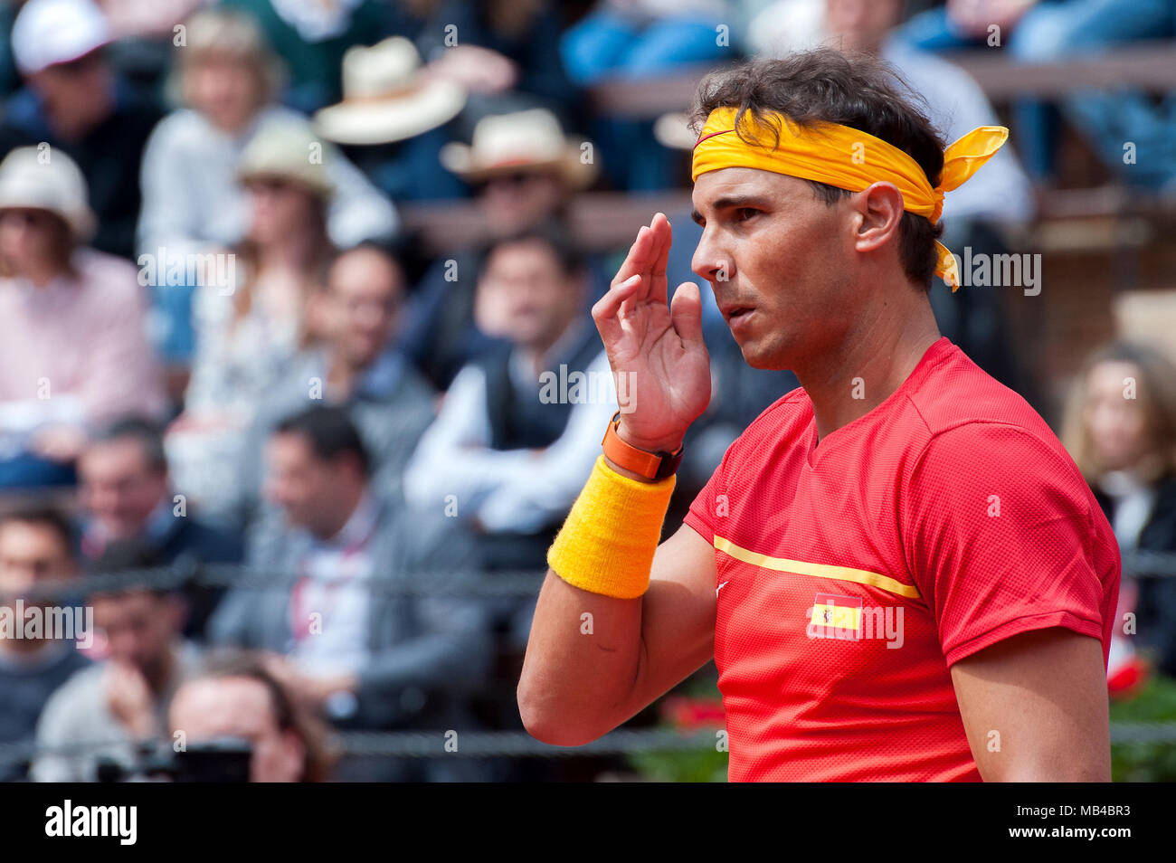 VALENCIA, SPAIN - 06/04/2018. Rafael Nadal during the Copa Davis 2018,  Spain v Germany, Plaza de Toros of Valencia, Spain. ULTIMA HORA: Rafael  Nadal se esta sometiendo en estos momentos a la