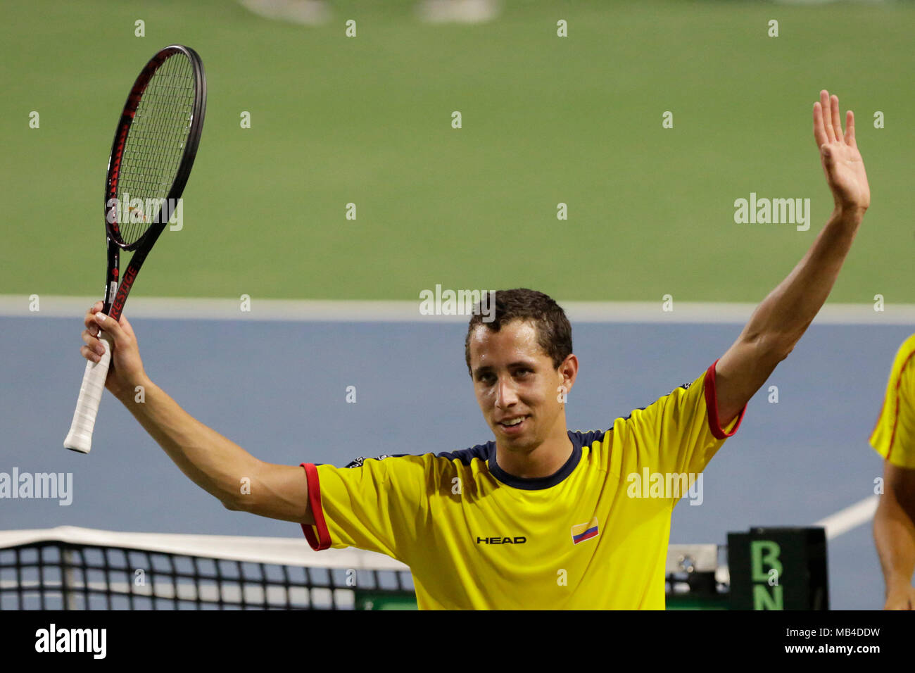Barranquilla Colombia 06th Apr 2018 Colombian Daniel Galan Celebrates After Defeating Brazilian Guilherme Clezar During The Davis Cup Americas Group I Second Round Match In Barranquilla Colombia 06 April 2018 Credit Ricardo