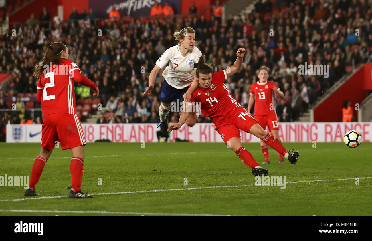 England Woman's Ellen White heads towards goal during the 2019 FIFA Women's World Cup Qualifying, Group 1 match at St Mary's Stadium, Southampton. Stock Photo