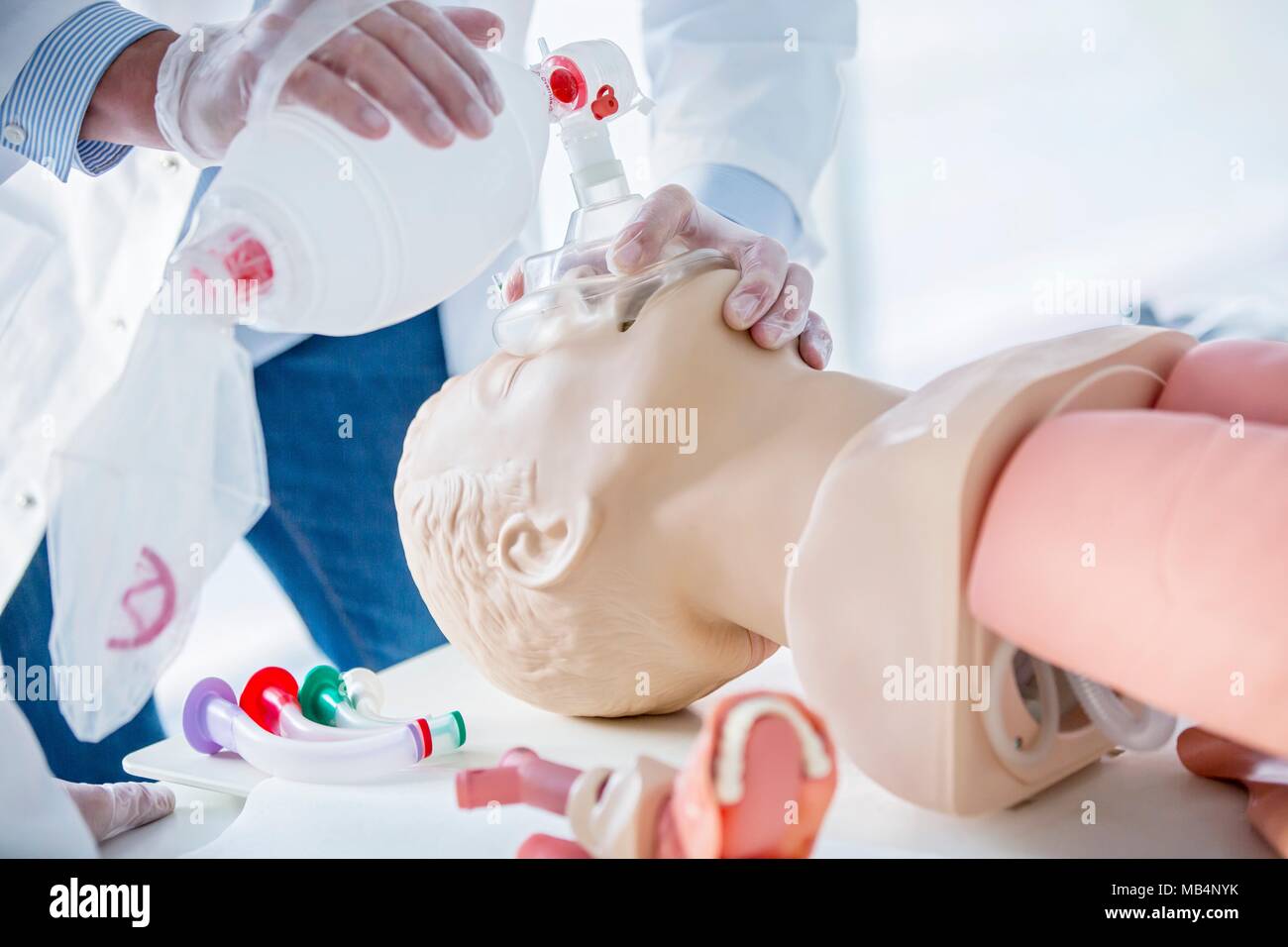 Doctor practising bag-valve-mask ventilation on a training dummy. Stock Photo