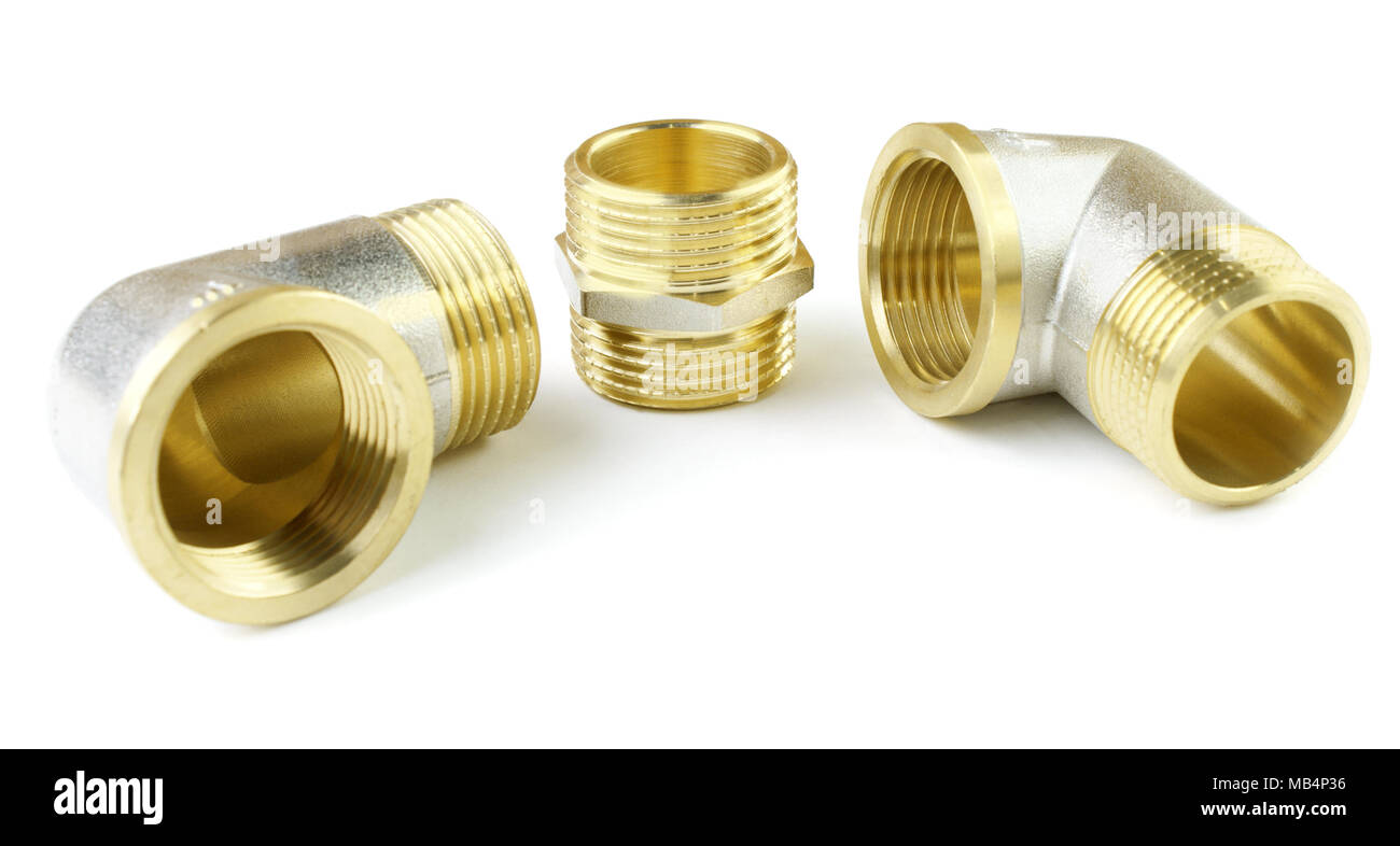 Three brass threaded details on a white background Stock Photo - Alamy