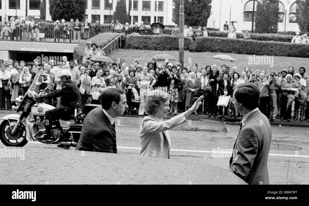 Rosalynn Carter, wife of President Jimmy Carter, waves to crowd in San Francisco, California Stock Photo