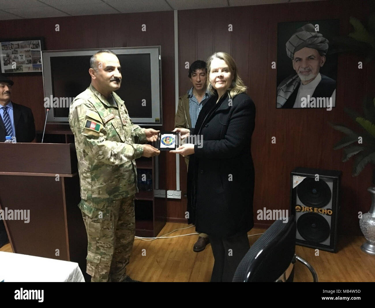 General Command of Police Special Units Commander Maj. Gen. Sayed Mohammed Khan presents a gift to Norwegian Ambassador Mari Skare during an opening ceremony for the Female Foundation Course at the Special Police Training Center, Kabul, Afghanistan, Feb. 17, 2018. Skare was the first Special Representative for Women, Peace and Security to the NATO Secretary General. ( Stock Photo