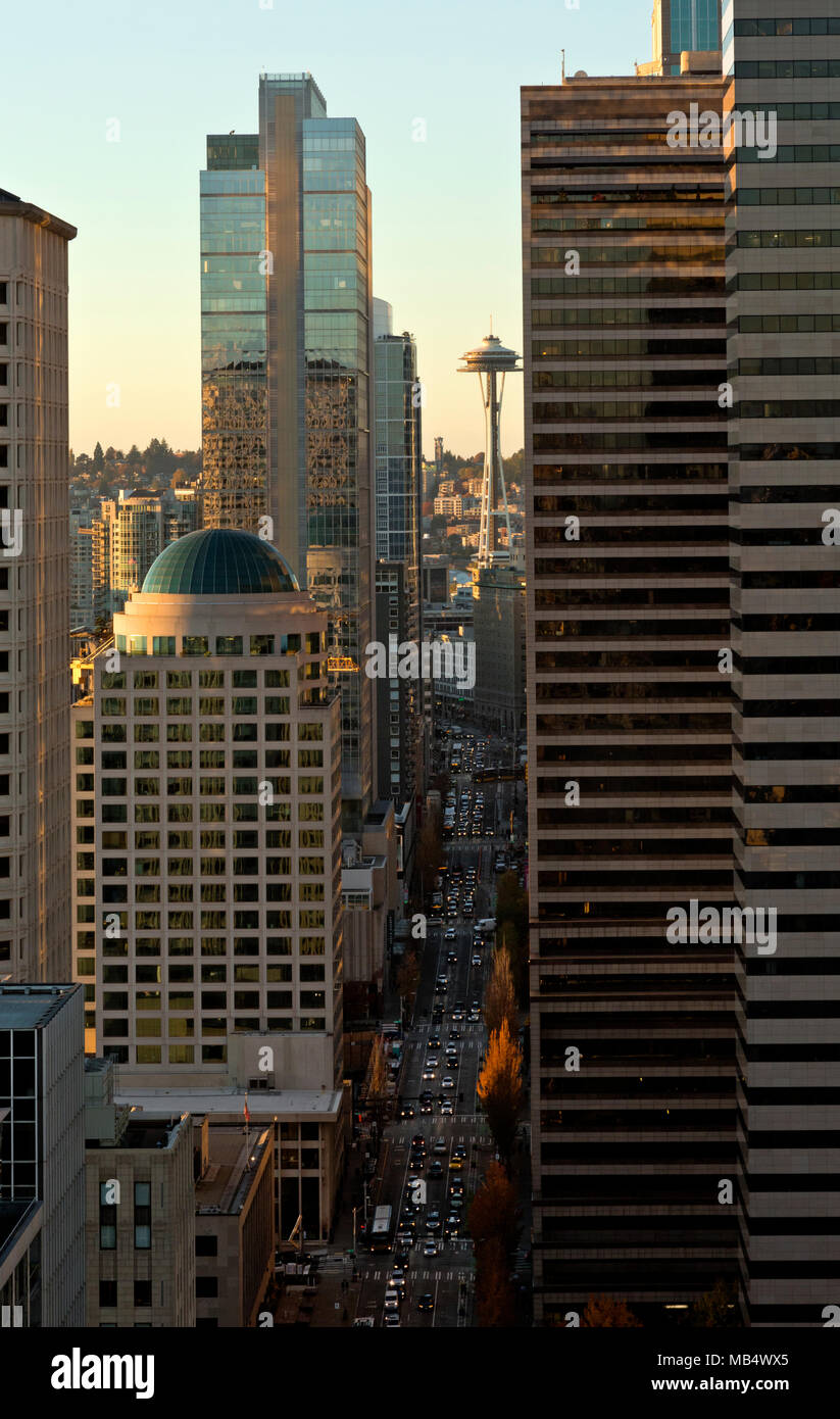 WA15060-00...WASHINGTON - Late afternoon view down 2nd Ave. to the Space Needle from Seattle's Smith Tower Observation Deck. Stock Photo
