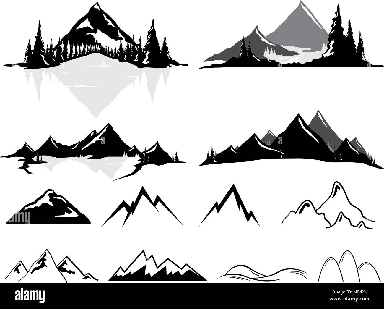 Various vector illustrations of mountains and hills, some realistic, some stylized. All objects can be ungrouped and easily moved around. Stock Vector