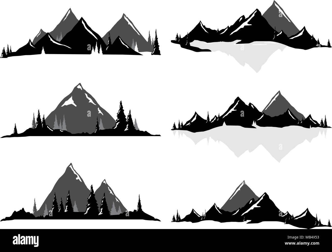 Various vector illustrations of mountains and hills with trees and water. All objects can be ungrouped and easily moved around. If you want to move or Stock Vector