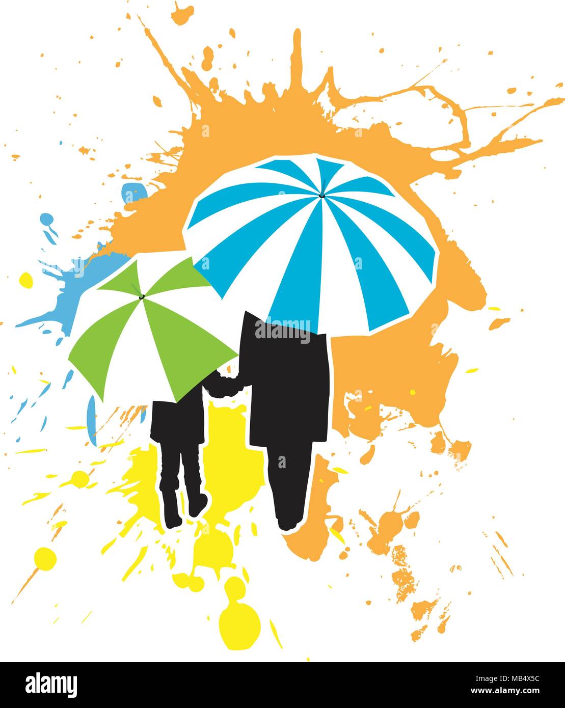 An adult and a child holding hands as they stroll under some colorful umbrellas. Broken out into layers for easy editing. Stock Vector