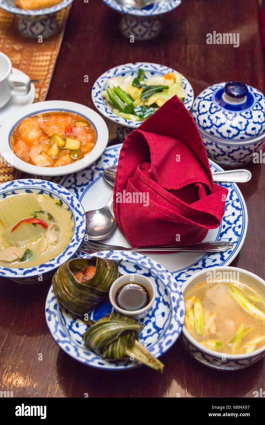 Traditional Thai food in restaurant, Bangkok, Thailand Stock Photo