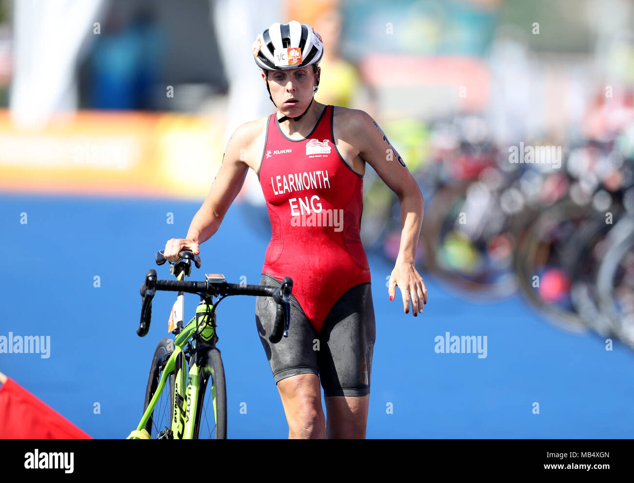 England's Jessica Learmonth during the Mixed Team Relay Triathlon final at the Southport Broadwater Parklands during day three of the 2018 Commonwealth Games in the Gold Coast, Australia. Stock Photo