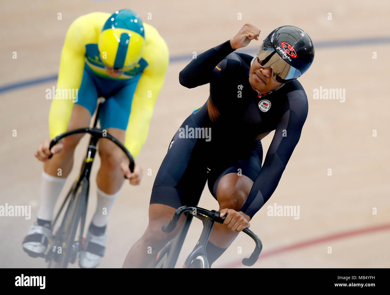 Malaysia S Muhammad Shah Firdaus Sahrom Right Wins Against Australia S Matt Glaetzer During The Men S Sprint 1 8 Finals Heat 1 At The Anna Meares Velodrome During Day Three Of The 2018 Commonwealth