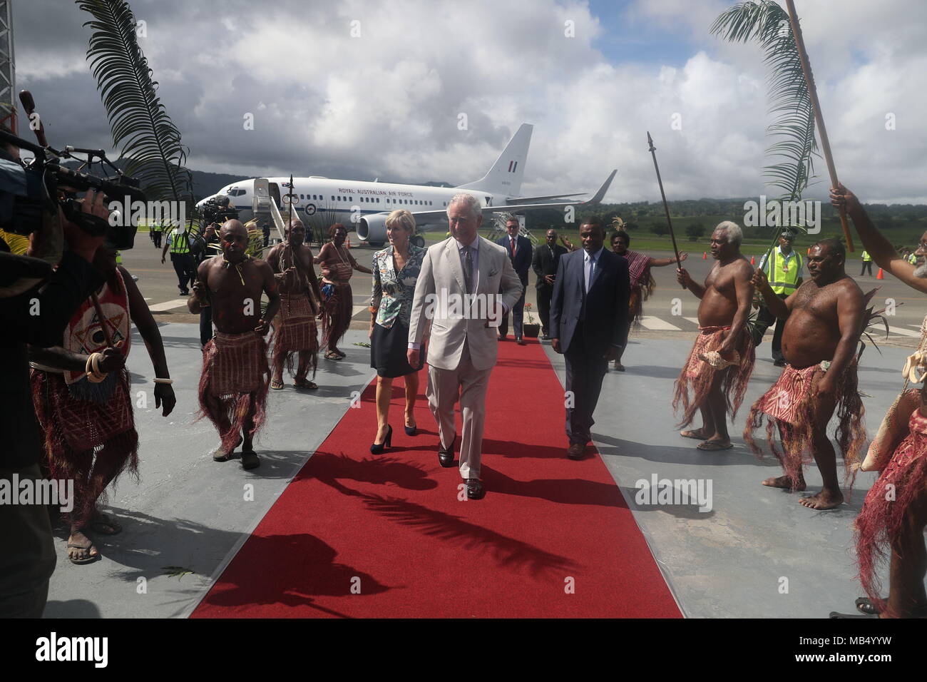 The Prince of Wales arrives at the airport on the South Pacific island of Vanuatu, during his tour of the region. Stock Photo