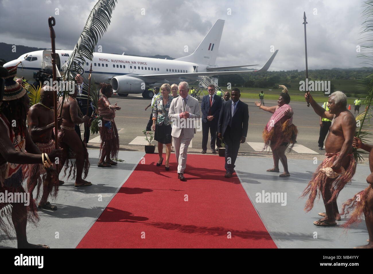The Prince of Wales arrives at the airport on the South Pacific island of Vanuatu, during his tour of the region. Stock Photo