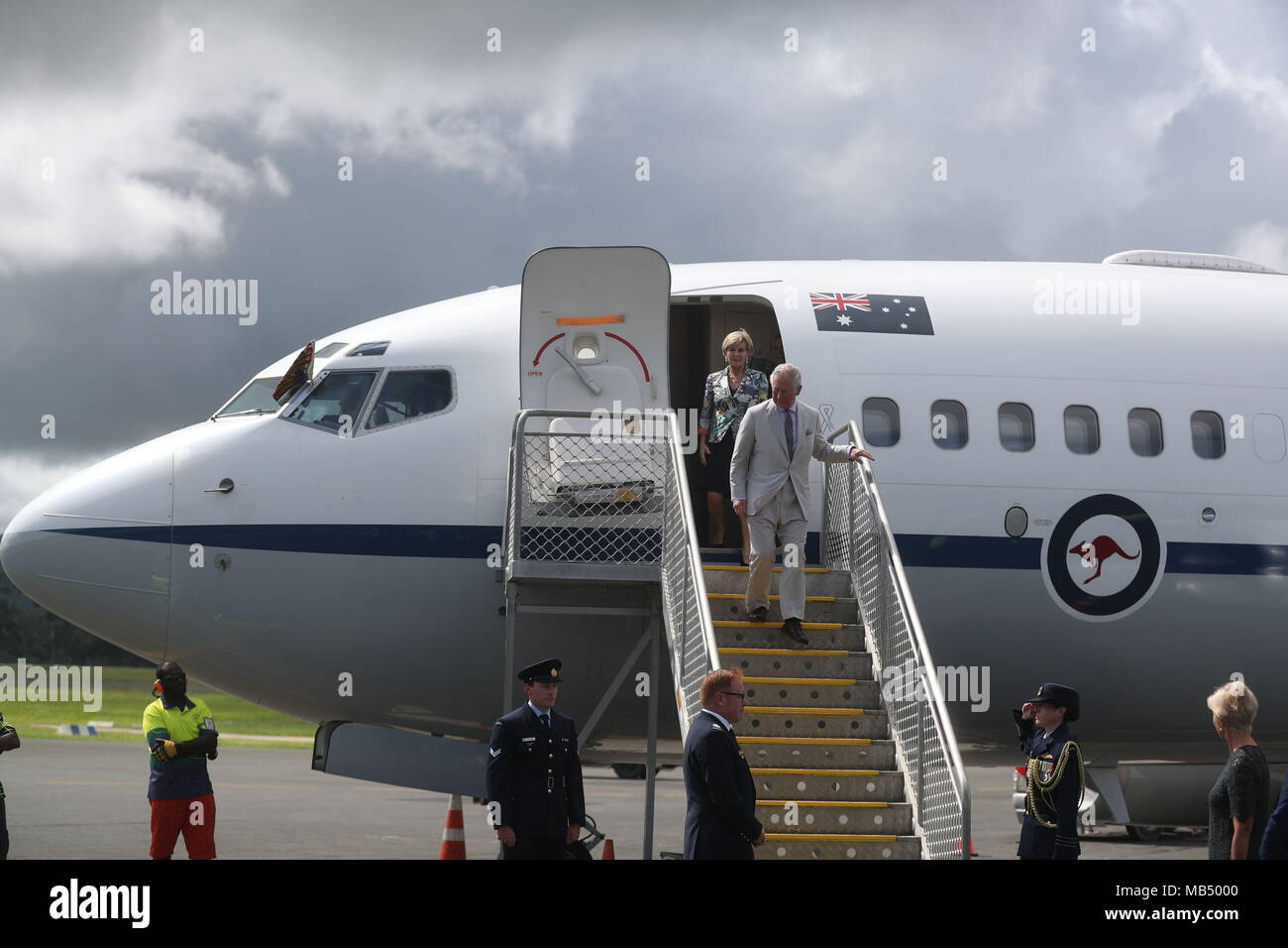 The Prince of Wales arrives at the airport on the South Pacific island of Vanuatu, during his tour of the region. Stock Photo