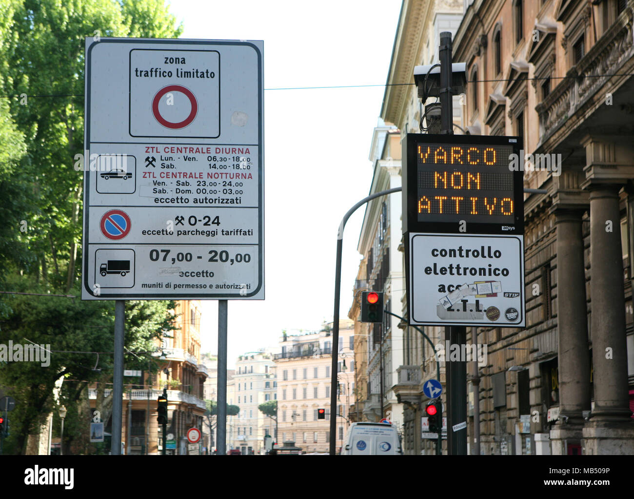 Street signs electronic control check point restricted traffic zone Rome Italy Stock Photo