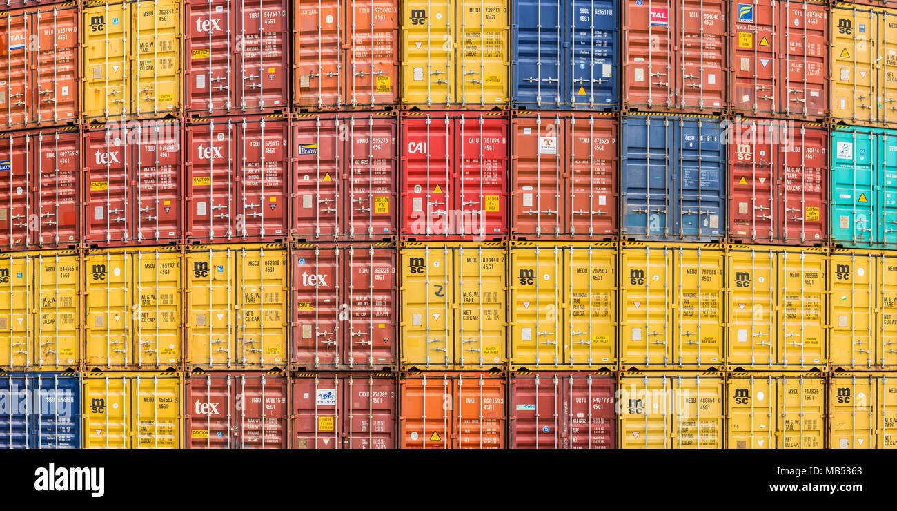 Stacked containers, full-size, Dornstadt loading station near Ulm, Baden-Württemberg, Germany Stock Photo