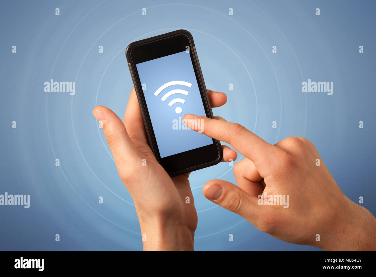 Female fingers touching smartphone with wireless connection icon Stock ...