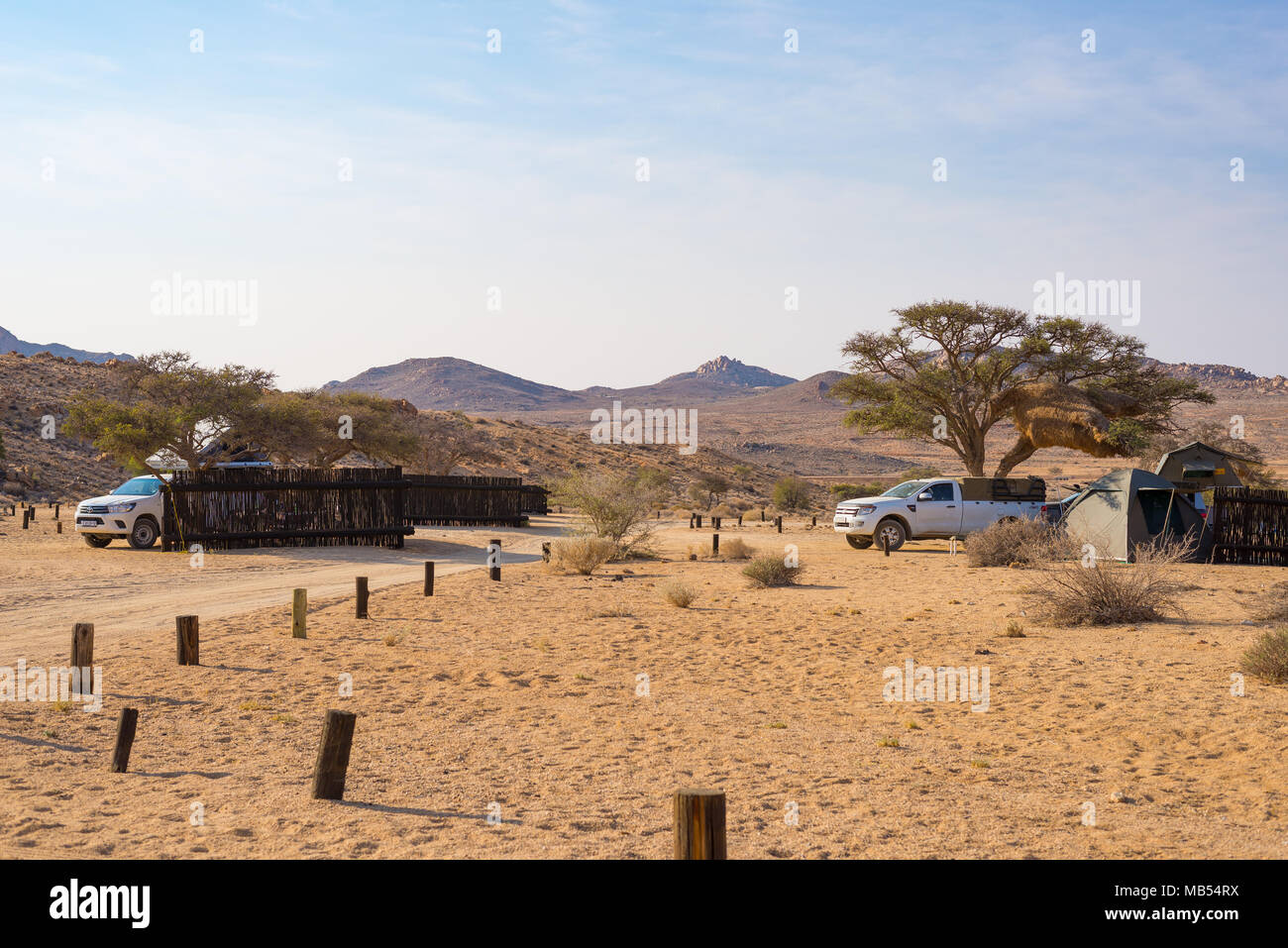 Aus, Namibia September 3, 2016 Camping cars and camping gear in the