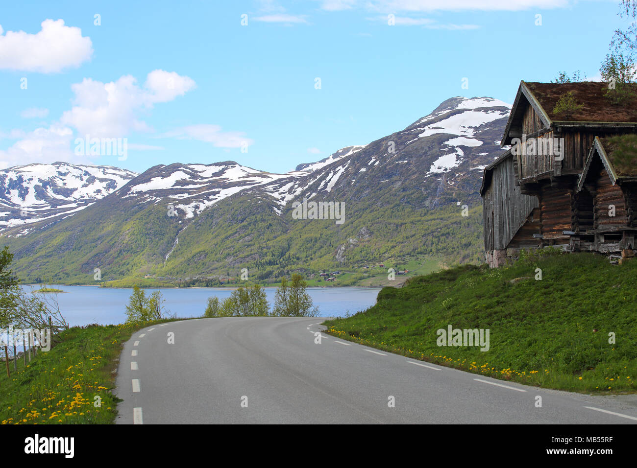 Image showcasing Traditional norwegian wooden house with woodcarving decor in spring ...