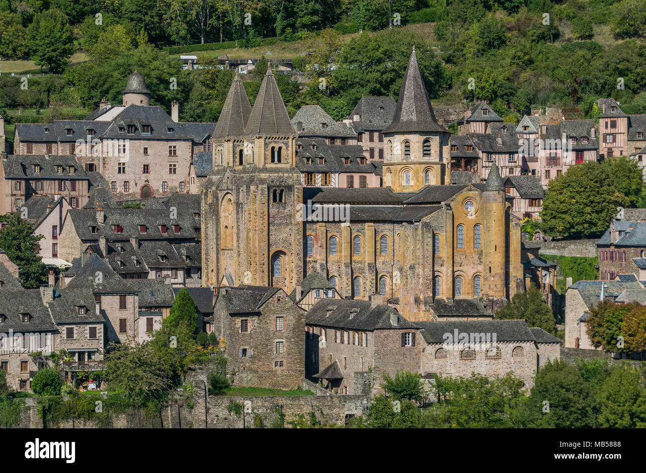 View of Saint Faith Abbey Church in Conques, Aveyron, France Stock Photo